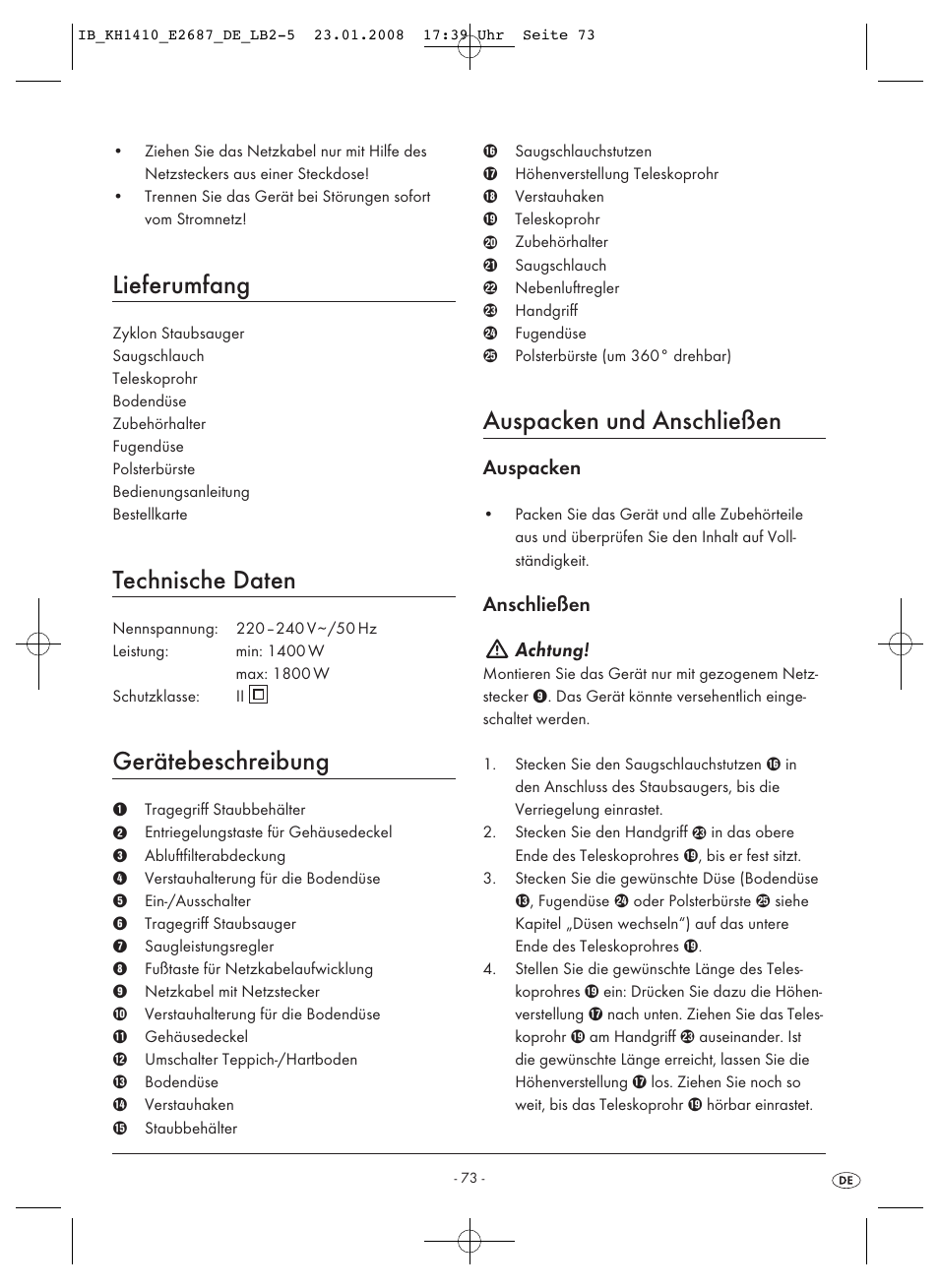 Lieferumfang, Technische daten, Gerätebeschreibung | Auspacken und anschließen, Auspacken, Anschließen achtung | Kompernass KH 1410 User Manual | Page 75 / 82