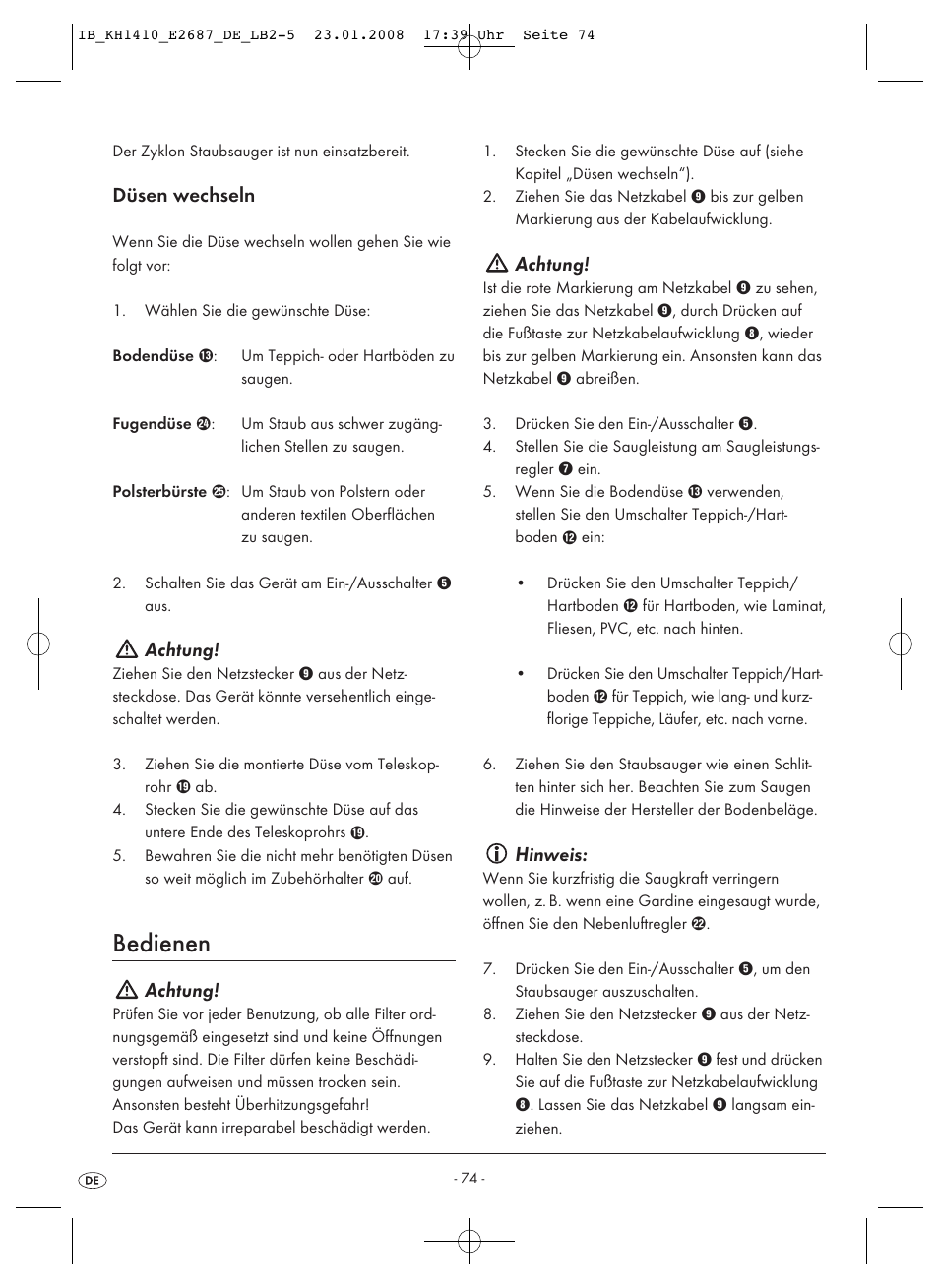 Bedienen, Düsen wechseln, Achtung | Hinweis | Kompernass KH 1410 User Manual | Page 76 / 82