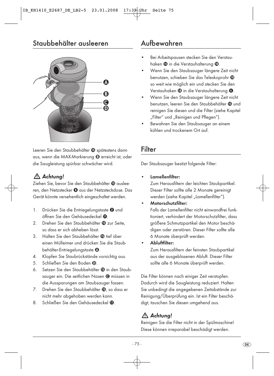 Staubbehälter ausleeren, Aufbewahren, Filter | Achtung | Kompernass KH 1410 User Manual | Page 77 / 82