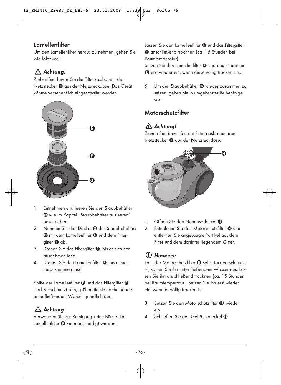 Lamellenfilter, Achtung, Motorschutzfilter achtung | Hinweis | Kompernass KH 1410 User Manual | Page 78 / 82