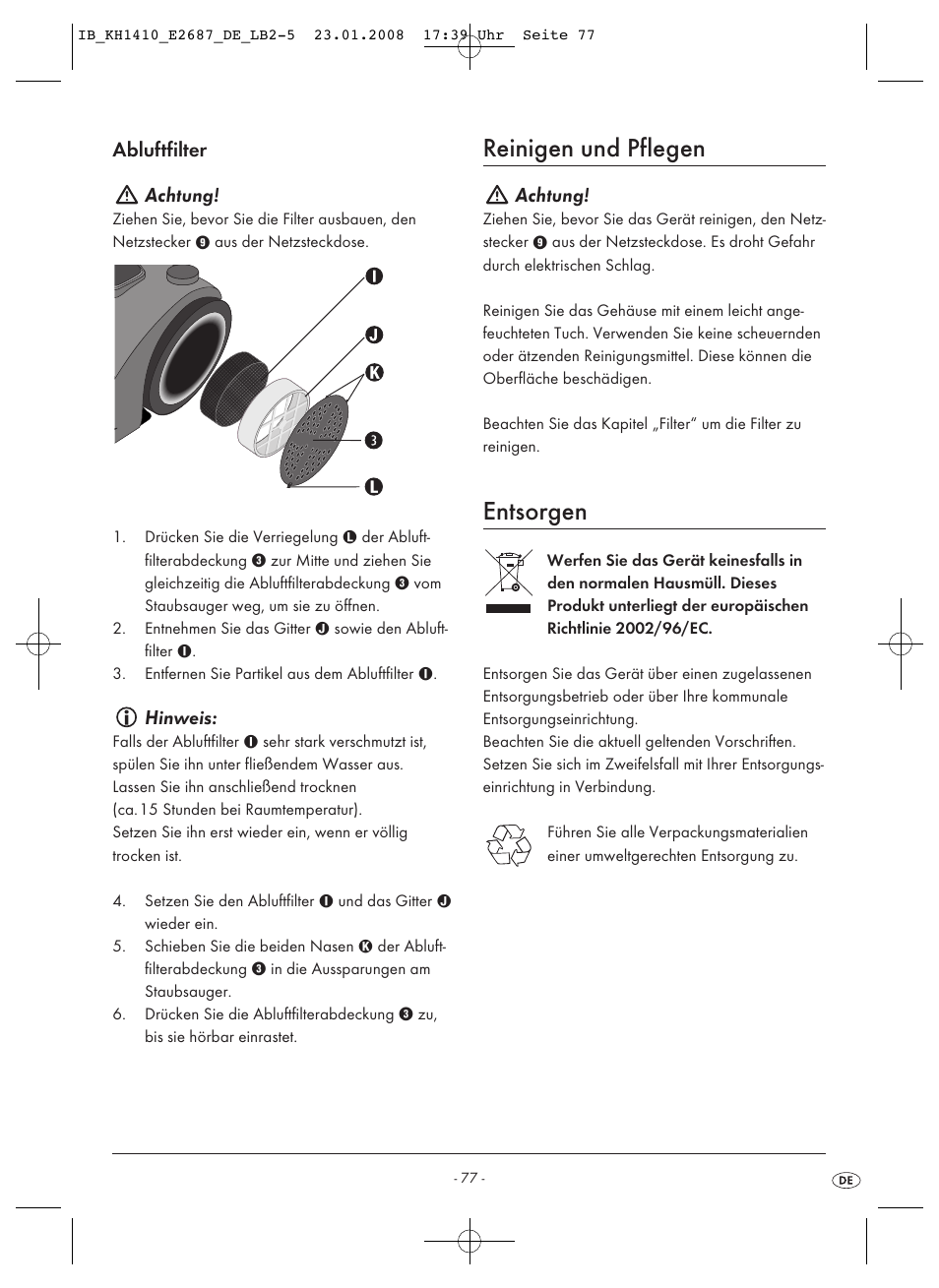 Reinigen und pflegen, Entsorgen, Abluftfilter achtung | Hinweis, Achtung | Kompernass KH 1410 User Manual | Page 79 / 82