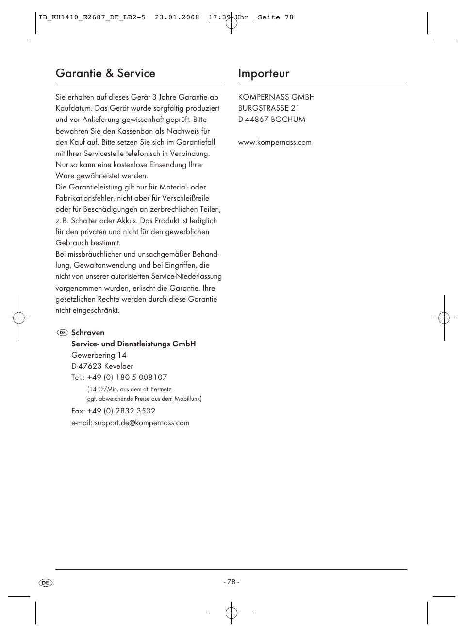 Garantie & service, Importeur | Kompernass KH 1410 User Manual | Page 80 / 82