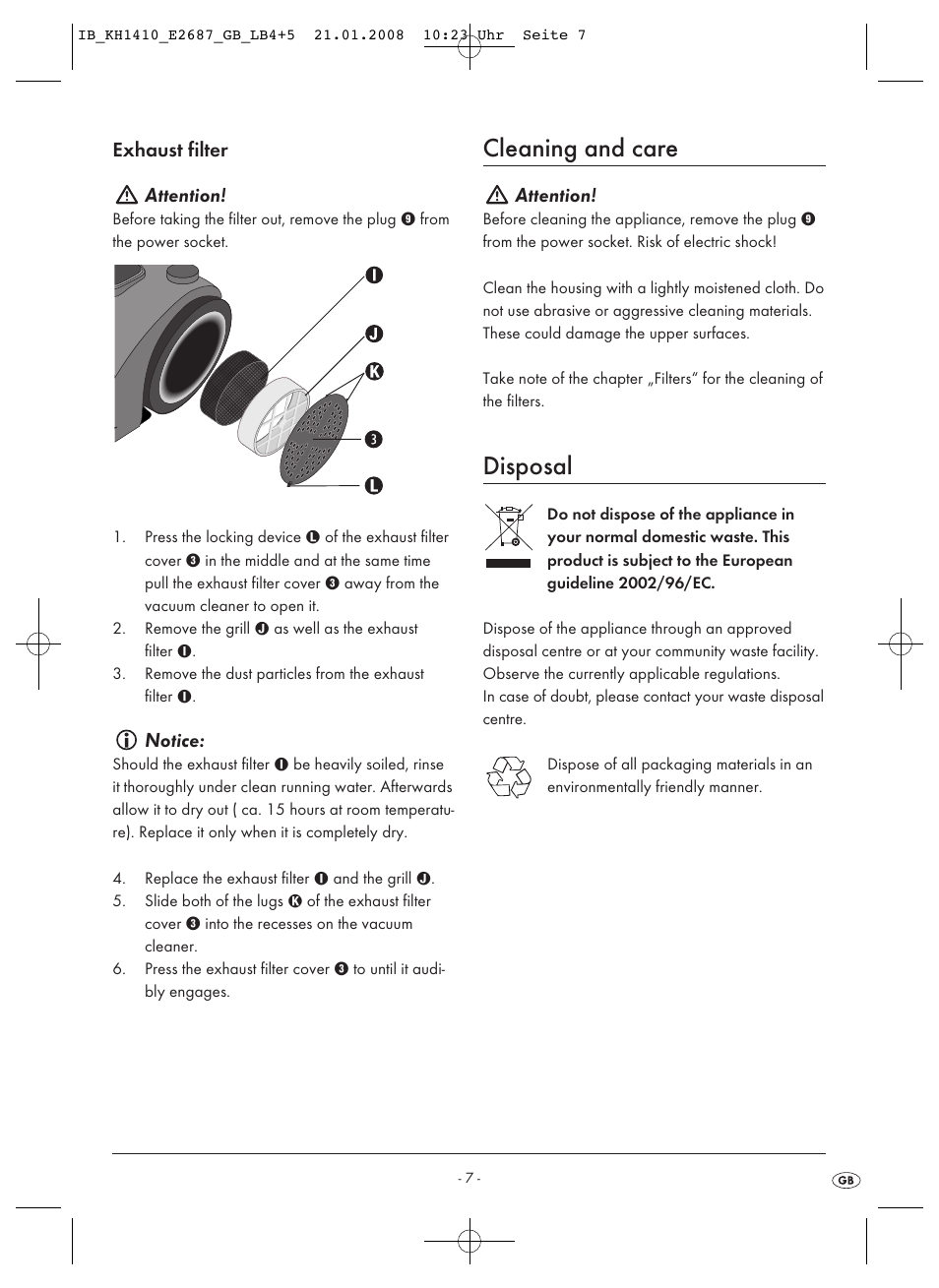 Cleaning and care, Disposal, Exhaust filter attention | Notice, Attention | Kompernass KH 1410 User Manual | Page 9 / 82