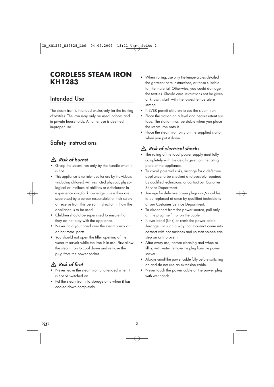 Cordless steam iron kh1283, Intended use, Safety instructions | Kompernass KH 1283 User Manual | Page 4 / 10