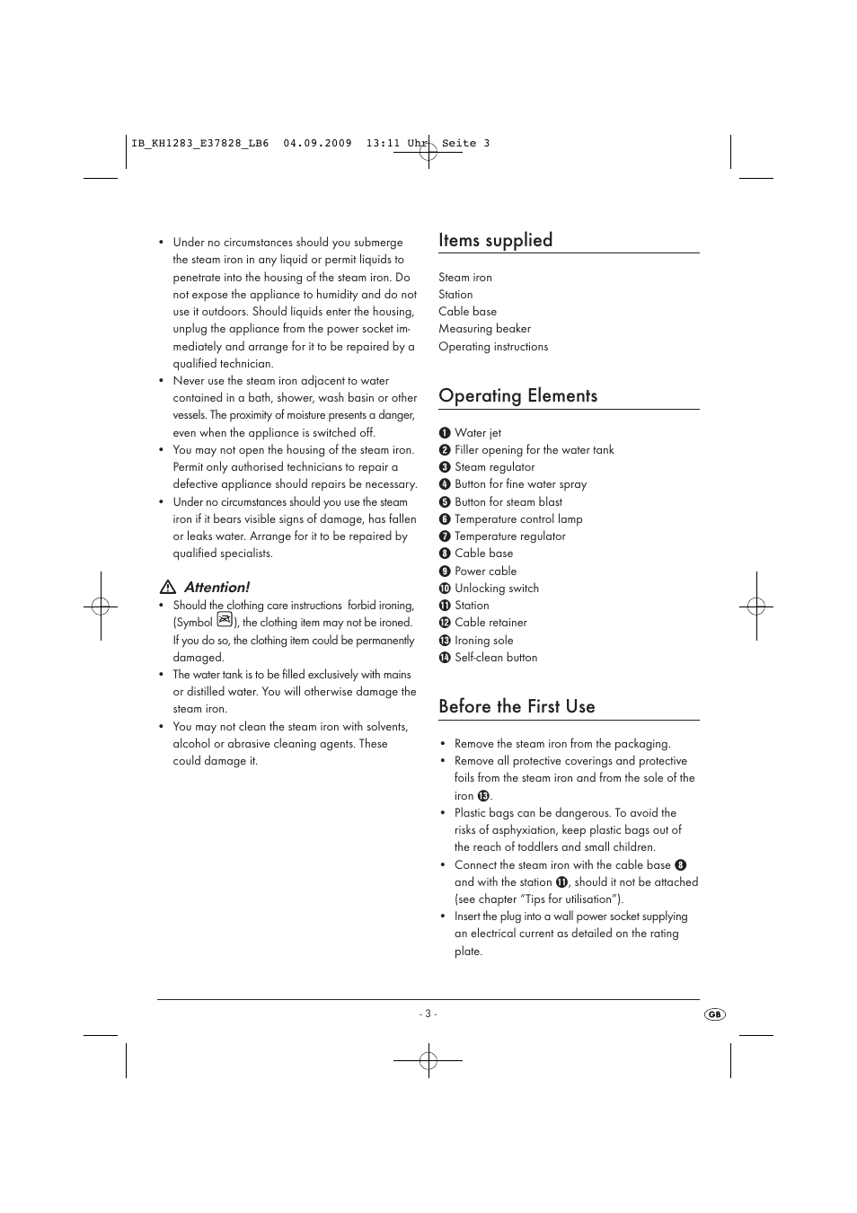 Items supplied, Operating elements, Before the first use | Kompernass KH 1283 User Manual | Page 5 / 10