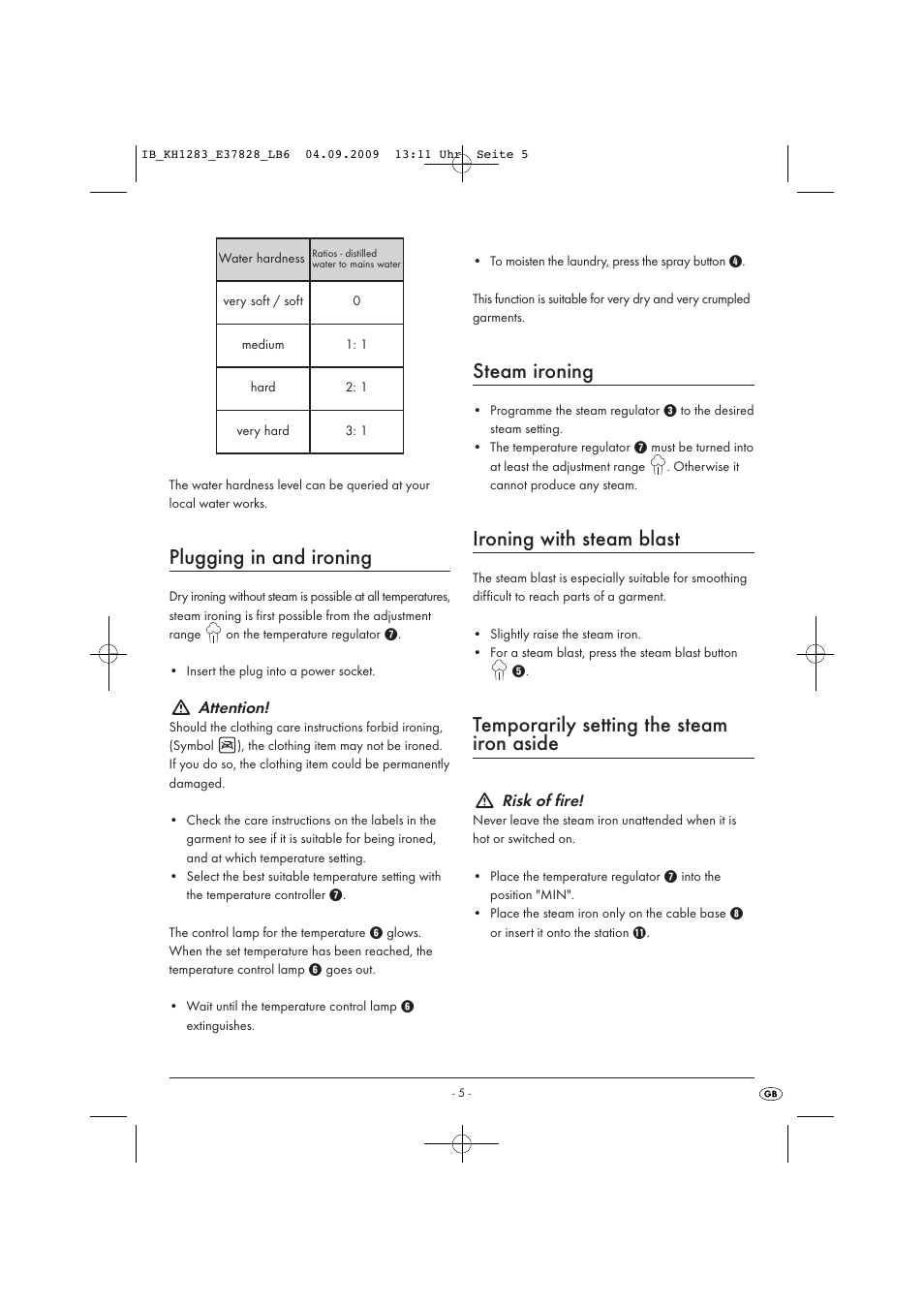 Plugging in and ironing, Steam ironing, Ironing with steam blast | Temporarily setting the steam iron aside | Kompernass KH 1283 User Manual | Page 7 / 10