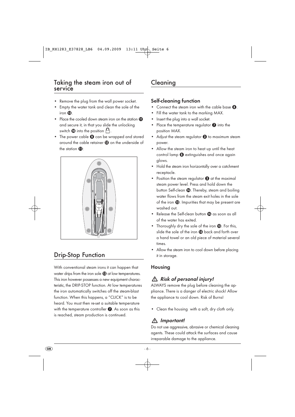 Taking the steam iron out of service, Drip-stop function, Cleaning | Kompernass KH 1283 User Manual | Page 8 / 10