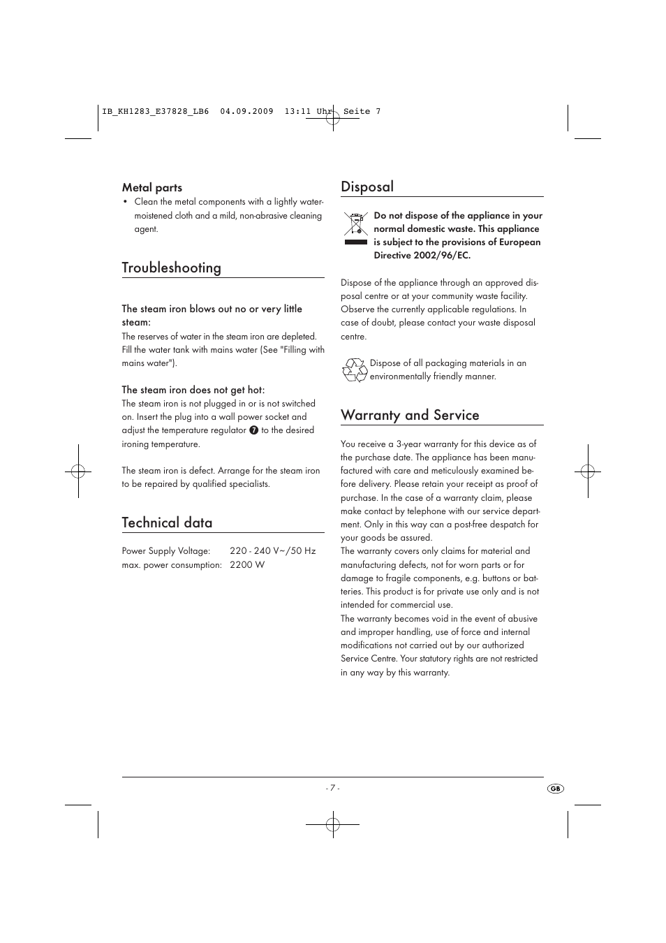 Troubleshooting, Technical data, Disposal | Warranty and service | Kompernass KH 1283 User Manual | Page 9 / 10