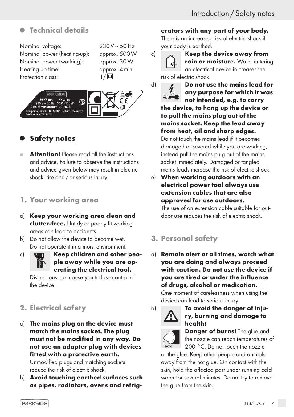 Technical details, Your working area, Electrical safety | Personal safety | Kompernass PHKP 500 User Manual | Page 5 / 10