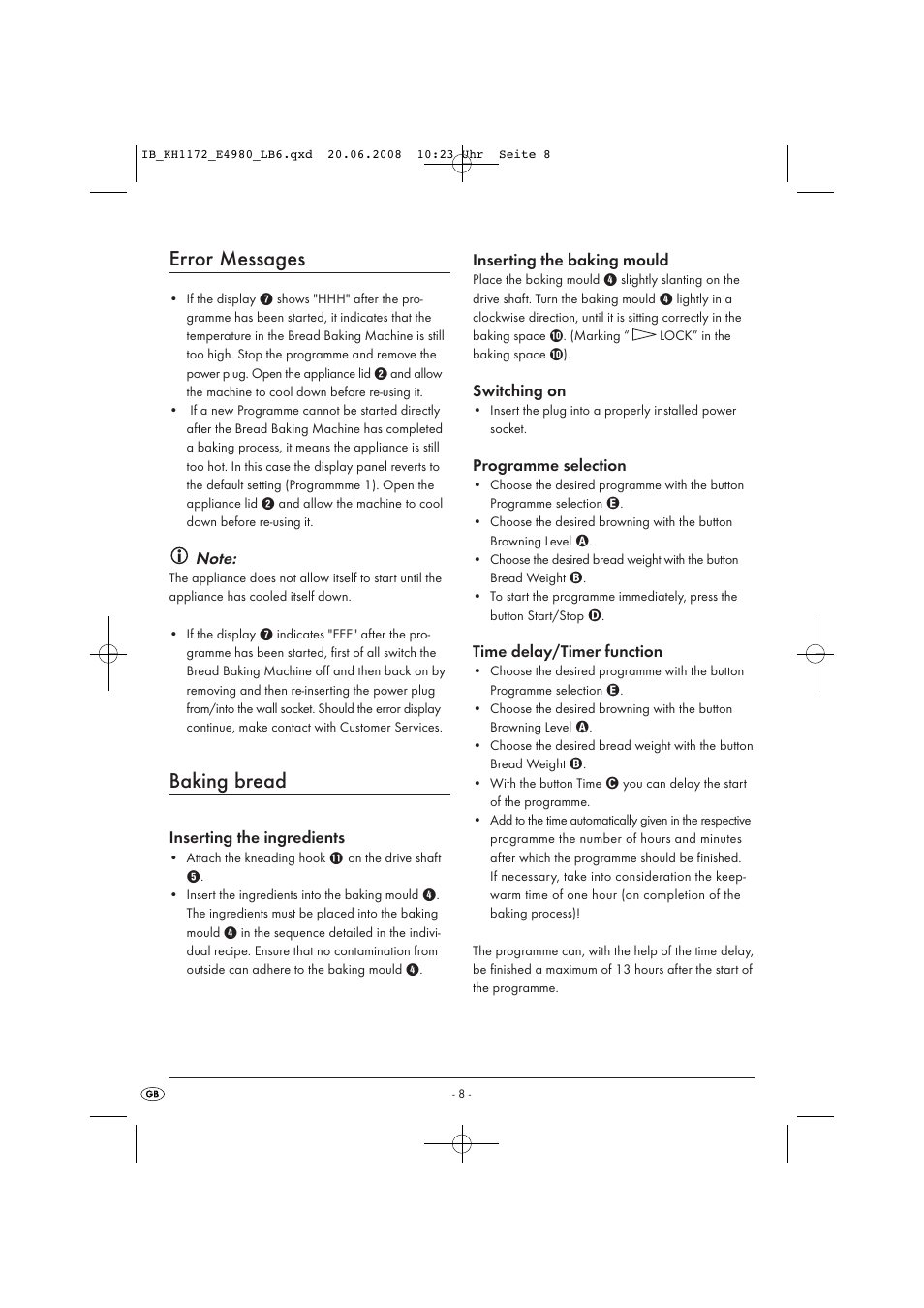 Error messages, Baking bread | Kompernass AUTOMATIC BREAD MACHINE KH 1172 User Manual | Page 10 / 18