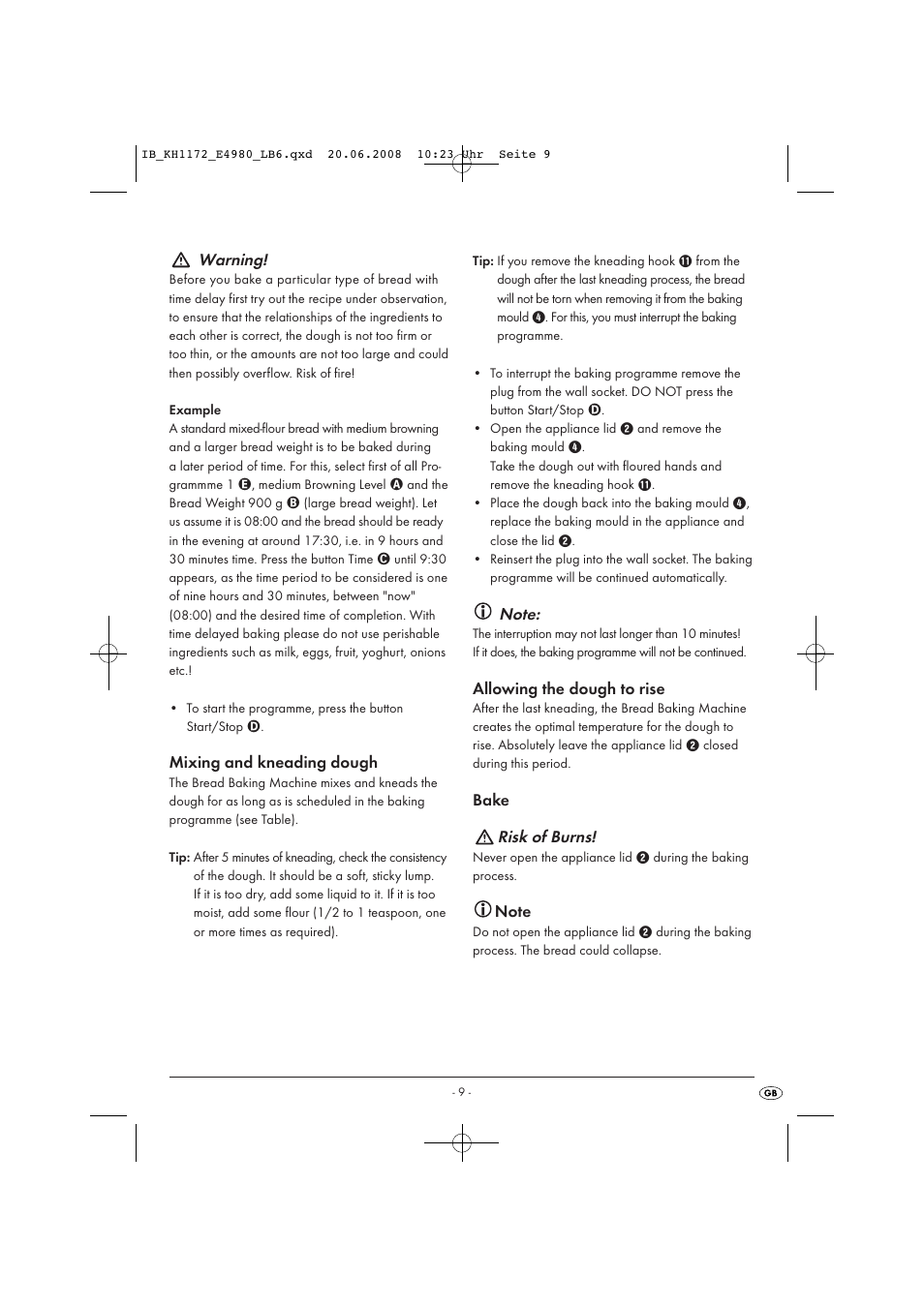 Warning, Risk of burns | Kompernass AUTOMATIC BREAD MACHINE KH 1172 User Manual | Page 11 / 18