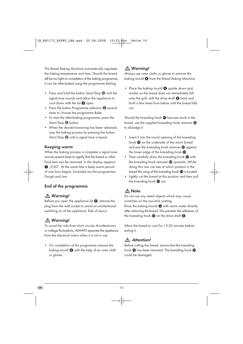 Warning, Attention | Kompernass AUTOMATIC BREAD MACHINE KH 1172 User Manual | Page 12 / 18