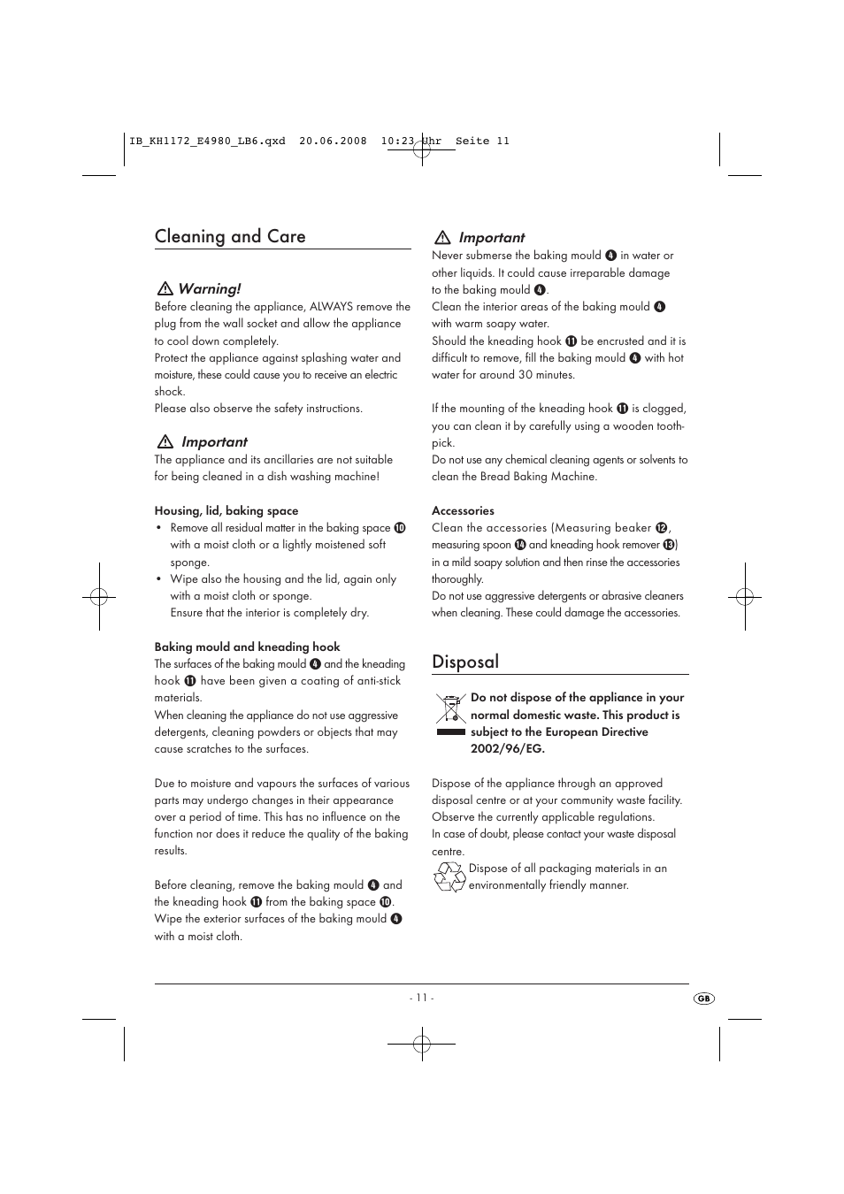 Cleaning and care, Disposal | Kompernass AUTOMATIC BREAD MACHINE KH 1172 User Manual | Page 13 / 18