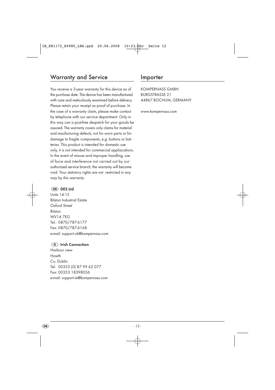 Warranty and service, Importer | Kompernass AUTOMATIC BREAD MACHINE KH 1172 User Manual | Page 14 / 18