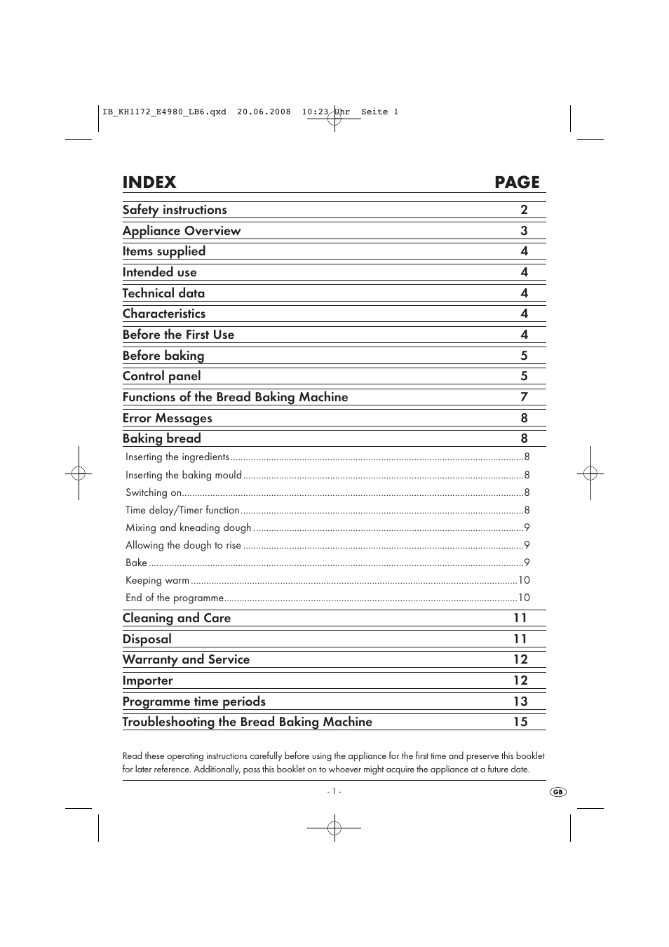 Index page | Kompernass AUTOMATIC BREAD MACHINE KH 1172 User Manual | Page 3 / 18