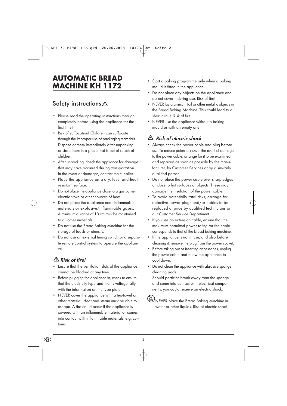 Automatic bread machine kh 1172, Safety instructions, Risk of fire | Risk of electric shock | Kompernass AUTOMATIC BREAD MACHINE KH 1172 User Manual | Page 4 / 18