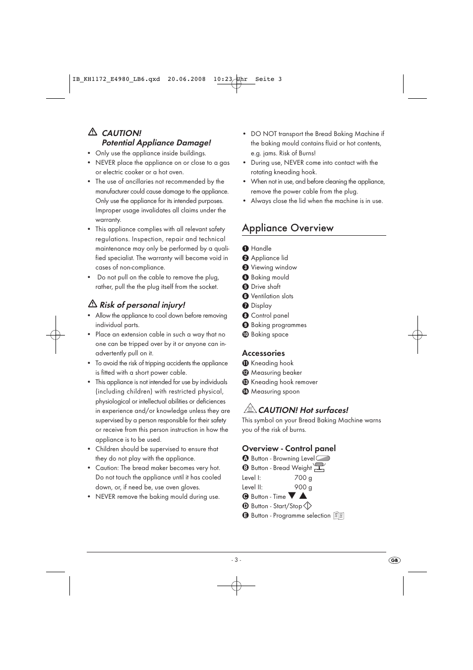 Appliance overview | Kompernass AUTOMATIC BREAD MACHINE KH 1172 User Manual | Page 5 / 18