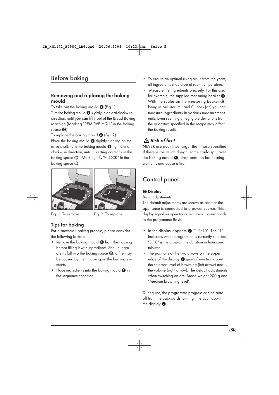 Before baking, Control panel | Kompernass AUTOMATIC BREAD MACHINE KH 1172 User Manual | Page 7 / 18
