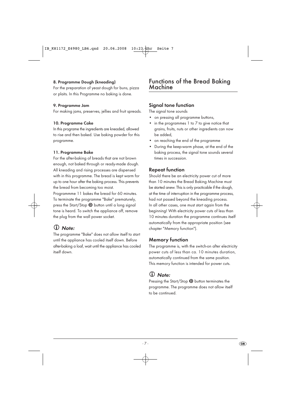 Functions of the bread baking machine | Kompernass AUTOMATIC BREAD MACHINE KH 1172 User Manual | Page 9 / 18