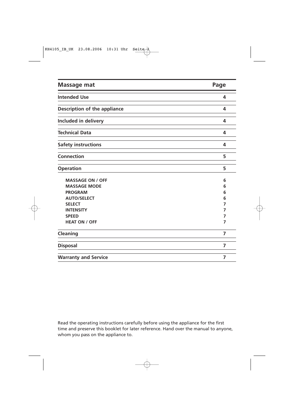 Massage mat page | Kompernass HQ8155 User Manual | Page 5 / 9