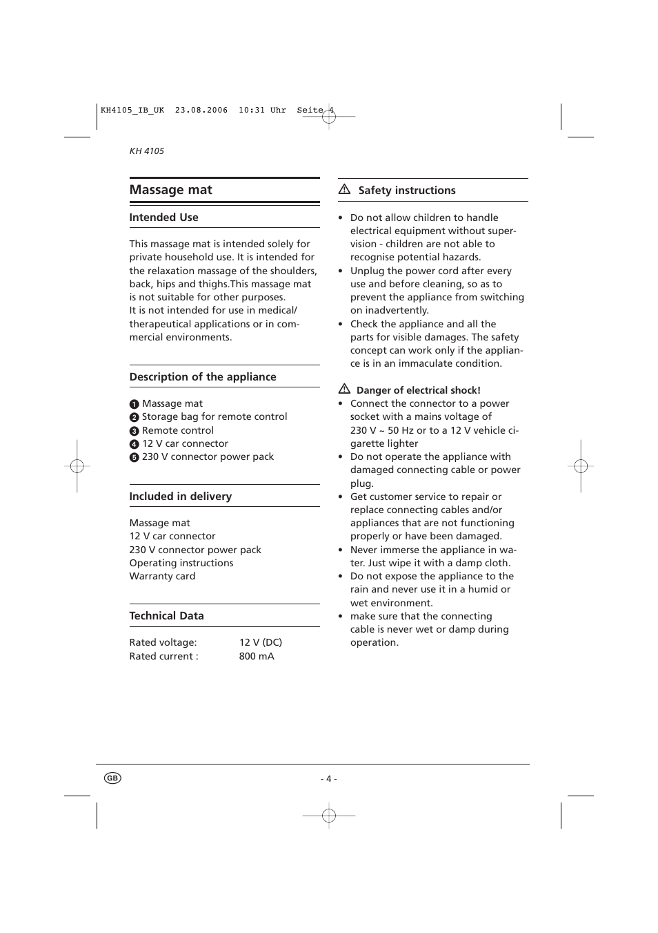 Massage mat | Kompernass HQ8155 User Manual | Page 6 / 9