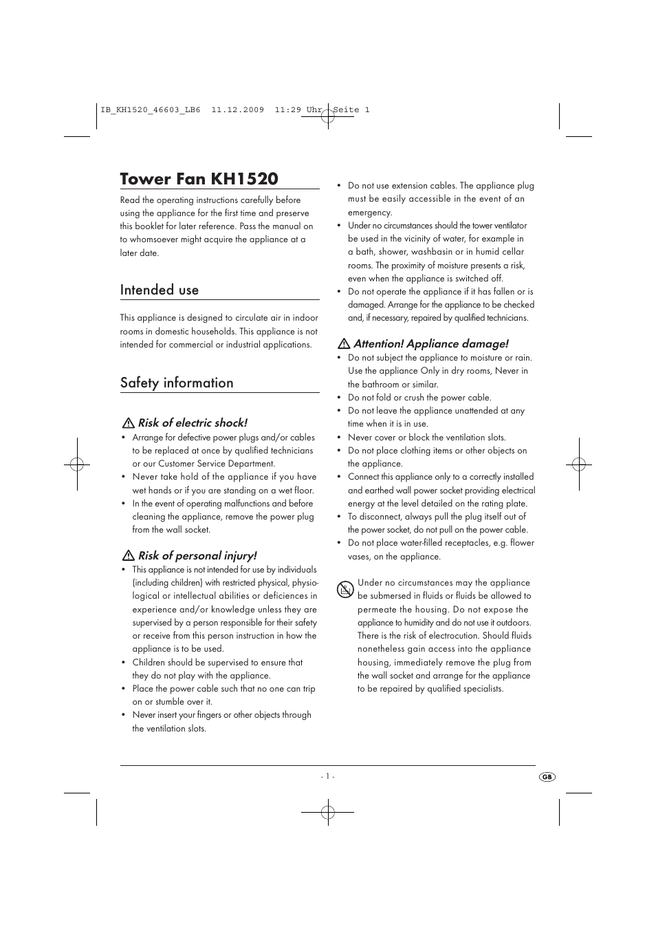 Tower fan kh1520, Intended use, Safety information | Kompernass KH1520 User Manual | Page 3 / 6