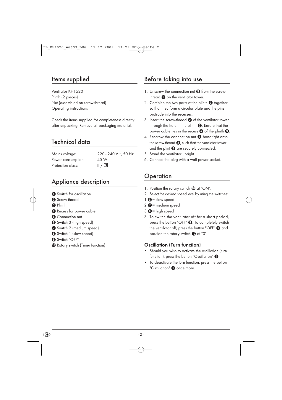 Items supplied, Technical data, Appliance description | Before taking into use, Operation | Kompernass KH1520 User Manual | Page 4 / 6