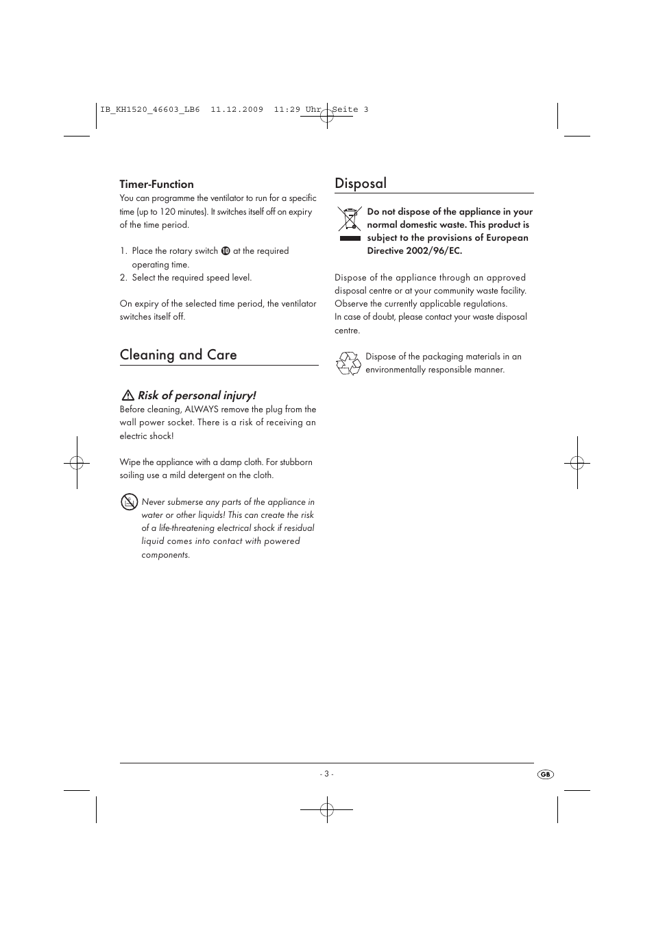 Cleaning and care, Disposal | Kompernass KH1520 User Manual | Page 5 / 6