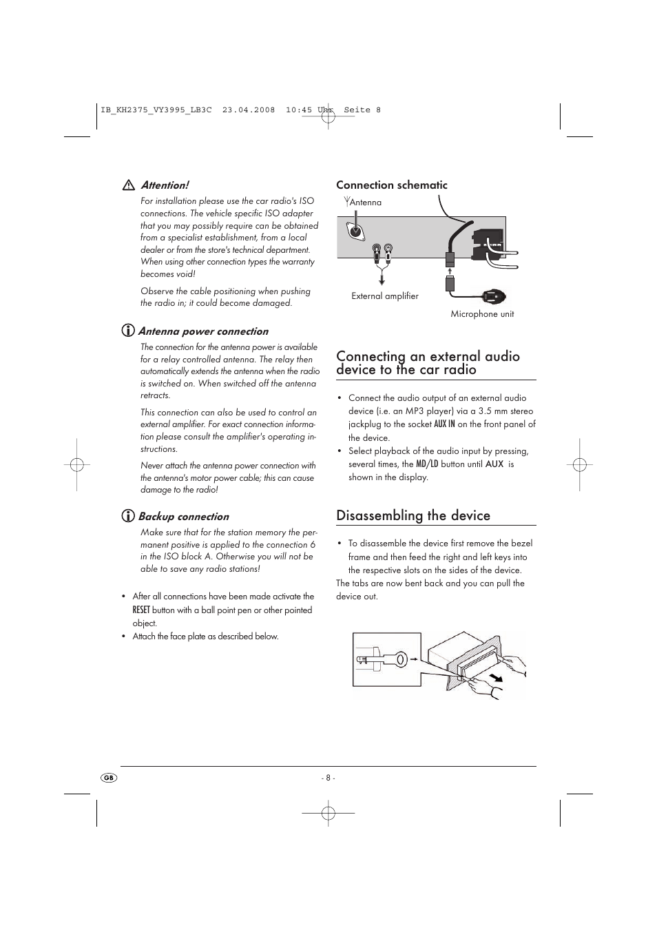 Disassembling the device, Attention, Antenna power connection | Backup connection, Connection schematic, Reset, Aux in, Md/ld | Kompernass KH 2375 User Manual | Page 10 / 50