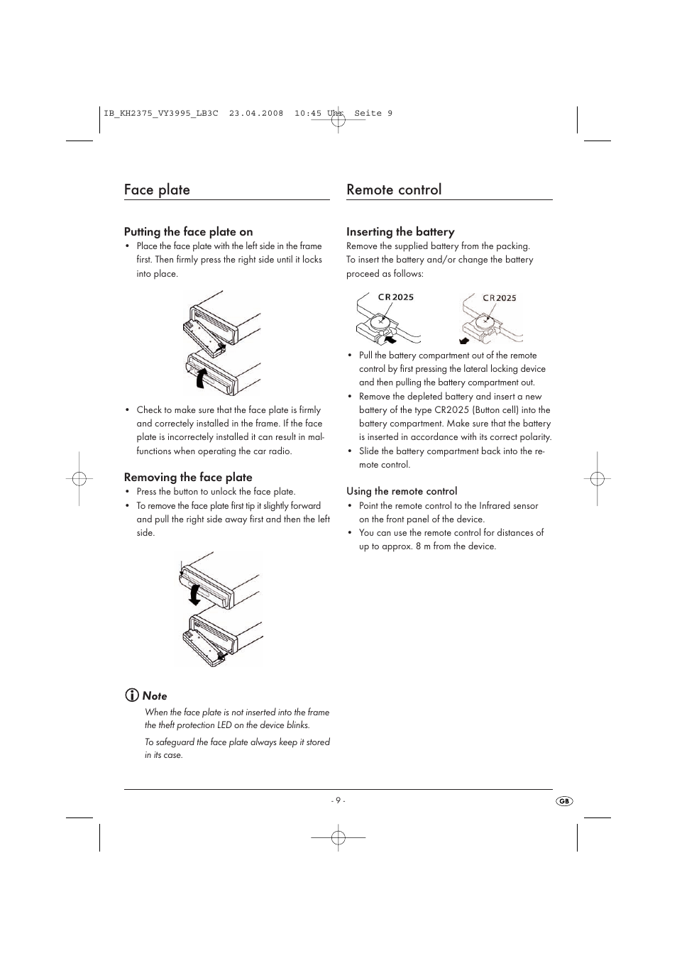 Face plate, Remote control | Kompernass KH 2375 User Manual | Page 11 / 50