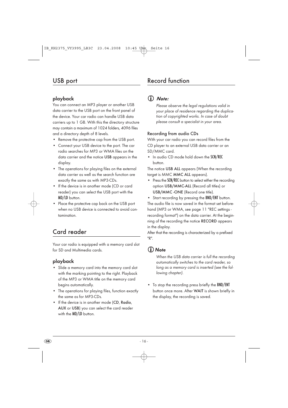 Usb port, Card reader, Record function | Kompernass KH 2375 User Manual | Page 18 / 50