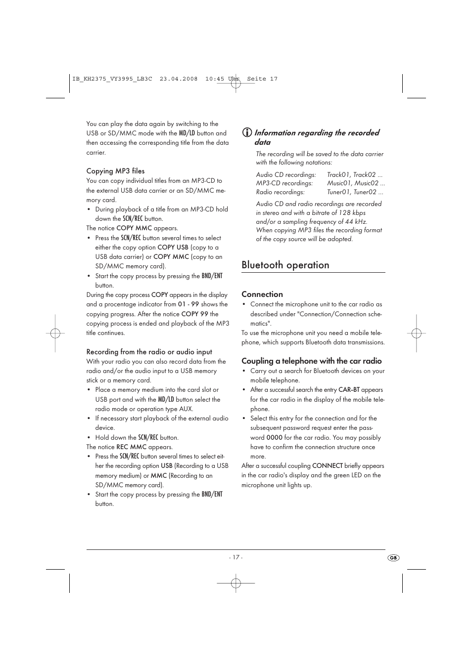 Bluetooth operation | Kompernass KH 2375 User Manual | Page 19 / 50