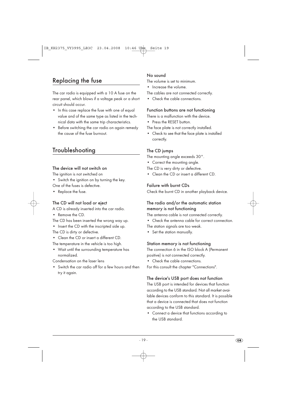Replacing the fuse, Troubleshooting | Kompernass KH 2375 User Manual | Page 21 / 50