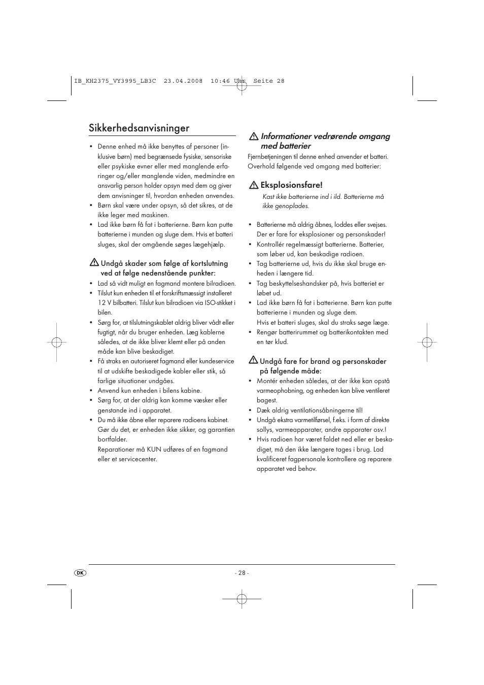 Sikkerhedsanvisninger, Informationer vedrørende omgang med batterier | Kompernass KH 2375 User Manual | Page 30 / 50