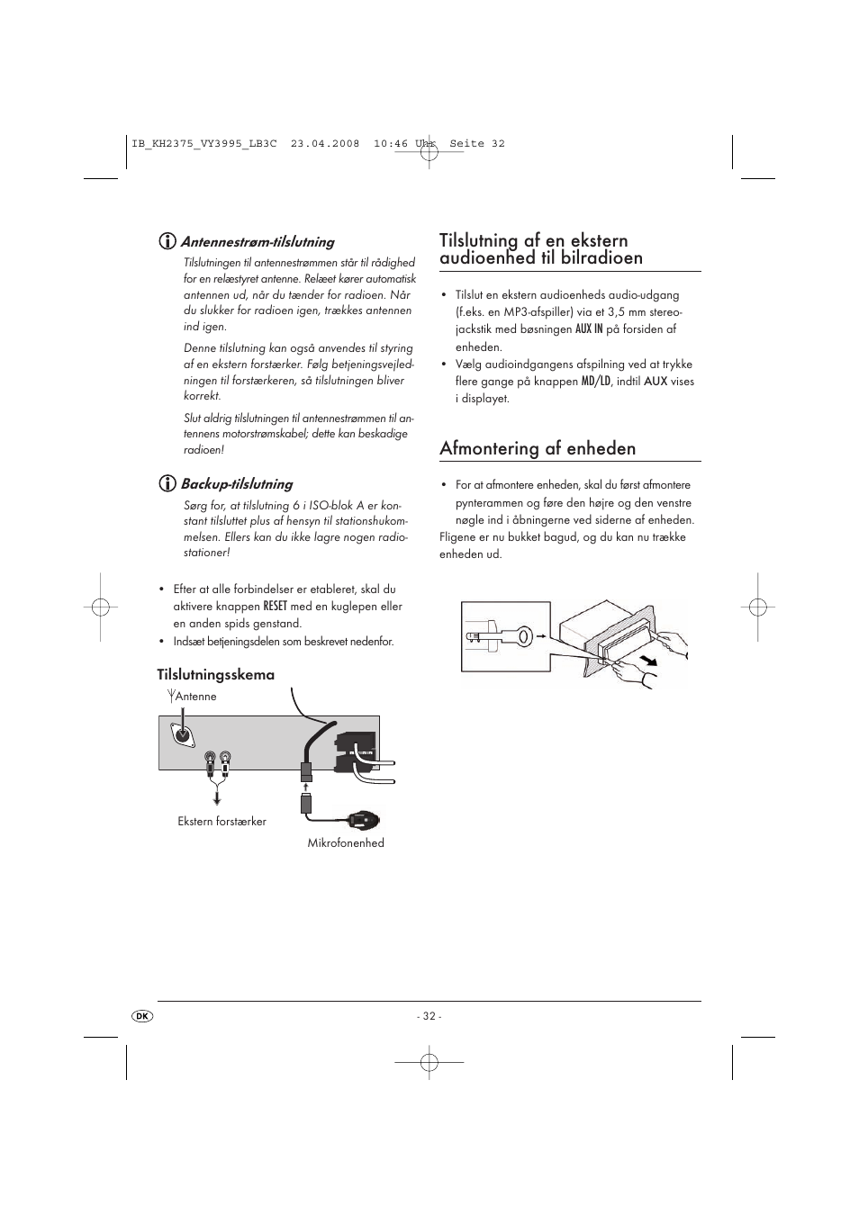 Afmontering af enheden, Antennestrøm-tilslutning, Backup-tilslutning | Tilslutningsskema, Reset, Aux in, Md/ld | Kompernass KH 2375 User Manual | Page 34 / 50