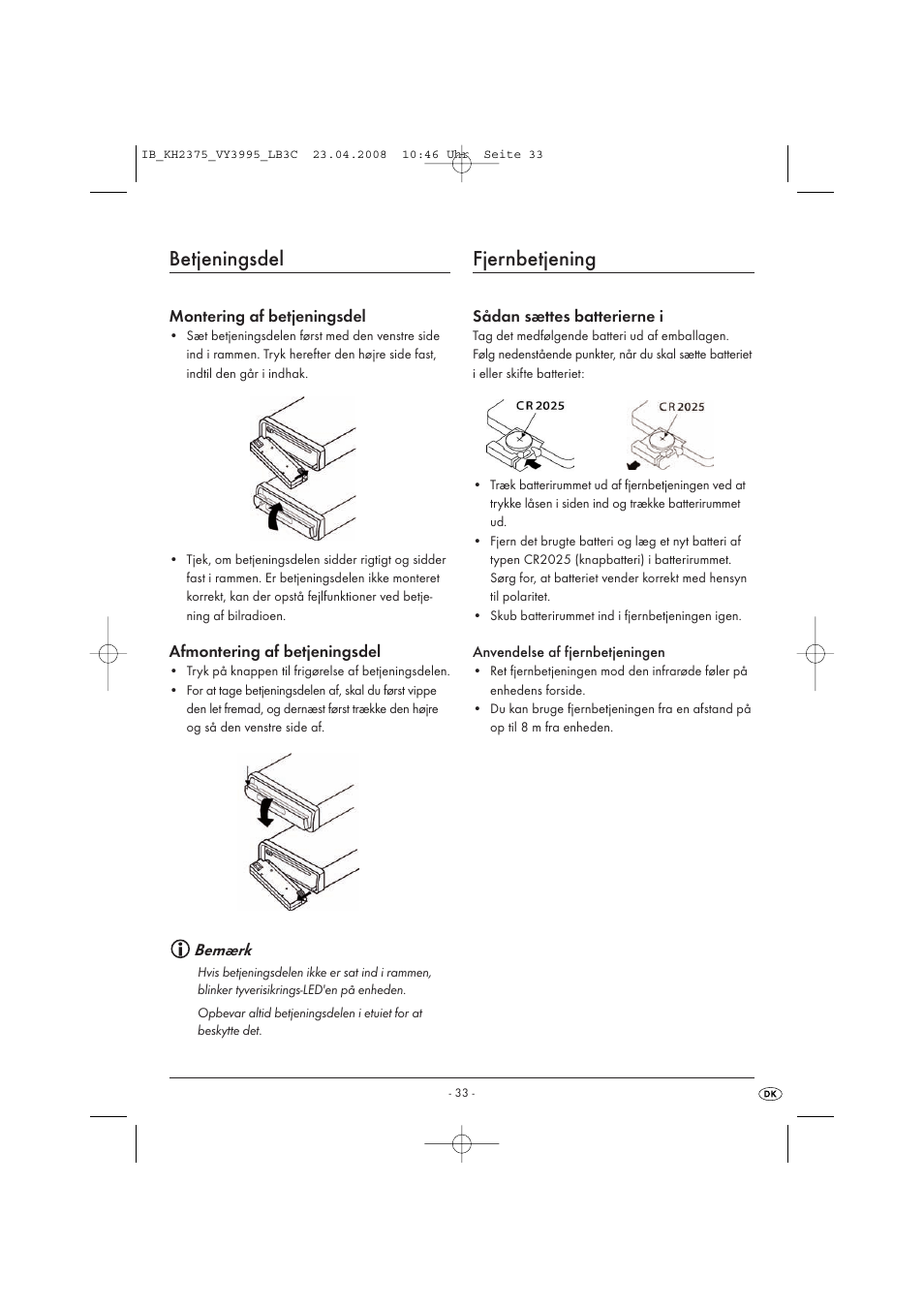 Betjeningsdel, Fjernbetjening | Kompernass KH 2375 User Manual | Page 35 / 50