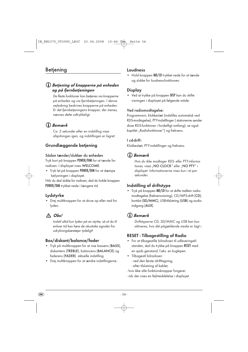 Betjening | Kompernass KH 2375 User Manual | Page 36 / 50