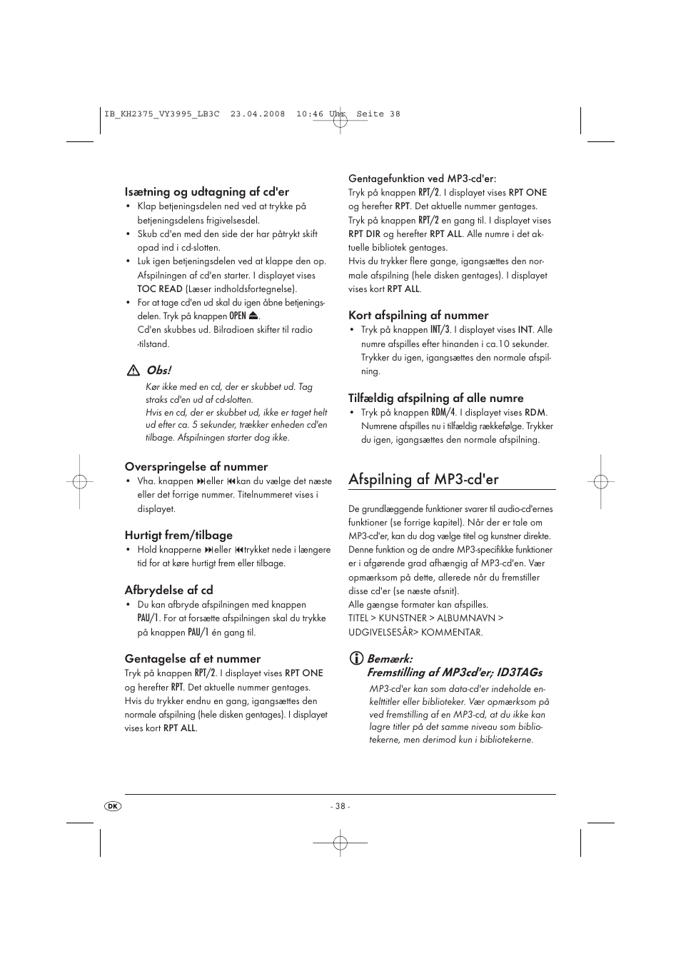 Afspilning af mp3-cd'er | Kompernass KH 2375 User Manual | Page 40 / 50