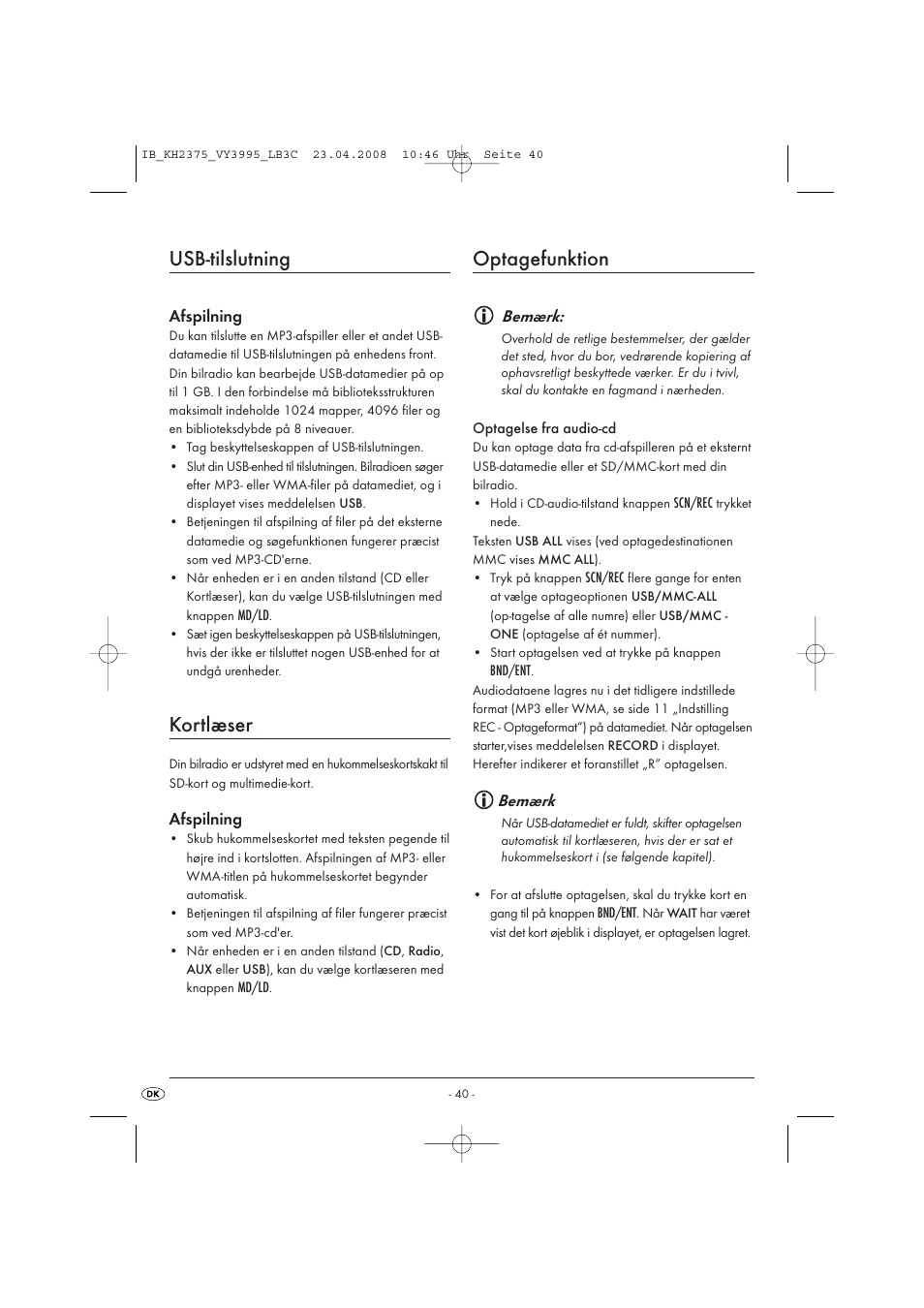 Usb-tilslutning, Kortlæser, Optagefunktion | Kompernass KH 2375 User Manual | Page 42 / 50