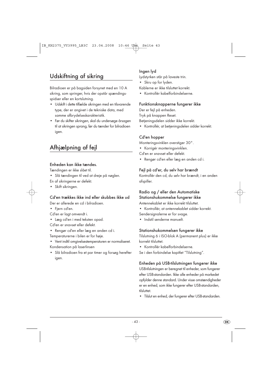 Udskiftning af sikring, Afhjælpning af fejl | Kompernass KH 2375 User Manual | Page 45 / 50