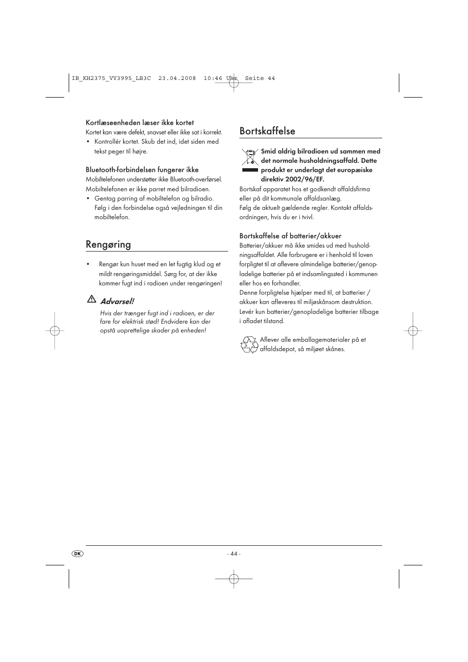 Rengøring, Bortskaffelse | Kompernass KH 2375 User Manual | Page 46 / 50