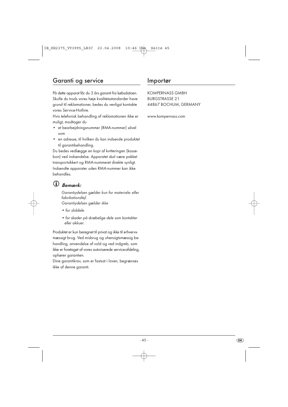 Garanti og service, Importør | Kompernass KH 2375 User Manual | Page 47 / 50