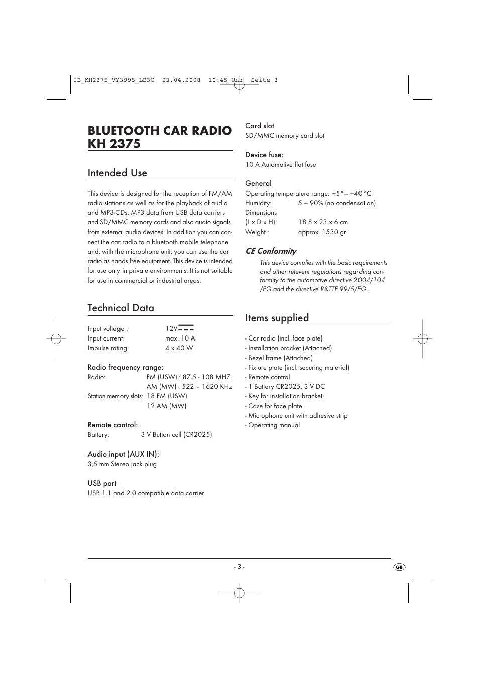 Bluetooth car radio kh 2375, Intended use, Technical data | Items supplied | Kompernass KH 2375 User Manual | Page 5 / 50