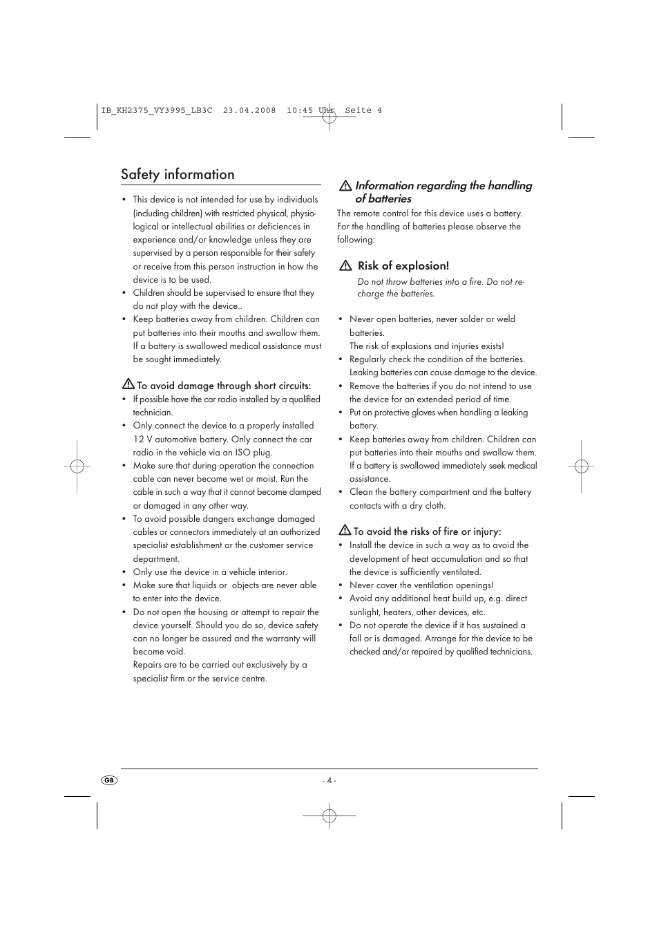 Safety information, Information regarding the handling of batteries | Kompernass KH 2375 User Manual | Page 6 / 50