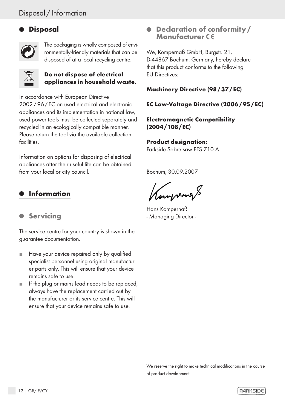 Disposal / information, Disposal, Information | Servicing, Declaration of conformity / manufacturer | Kompernass PFS 710 A User Manual | Page 10 / 10