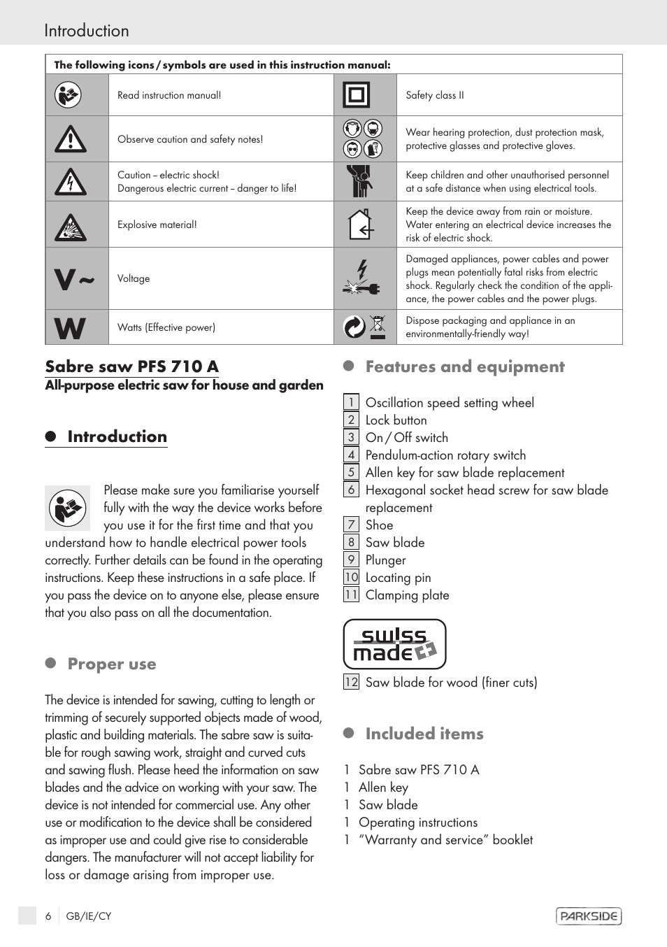 Sabre saw pfs 710 a, Introduction, Proper use | Features and equipment, Included items | Kompernass PFS 710 A User Manual | Page 4 / 10