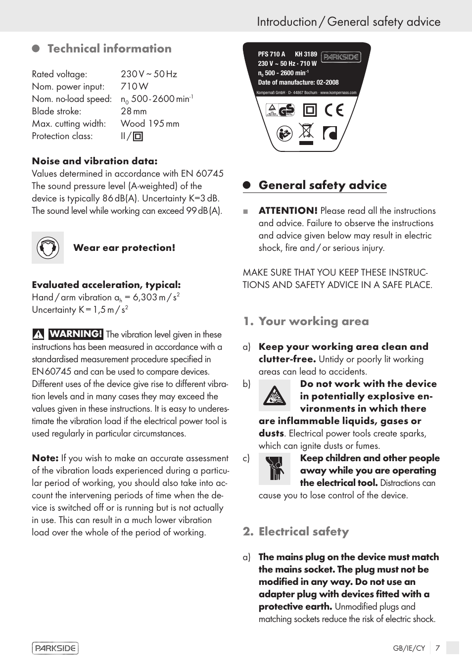 Introduction / general safety advice, Technical information, General safety advice | Your working area, Electrical safety | Kompernass PFS 710 A User Manual | Page 5 / 10