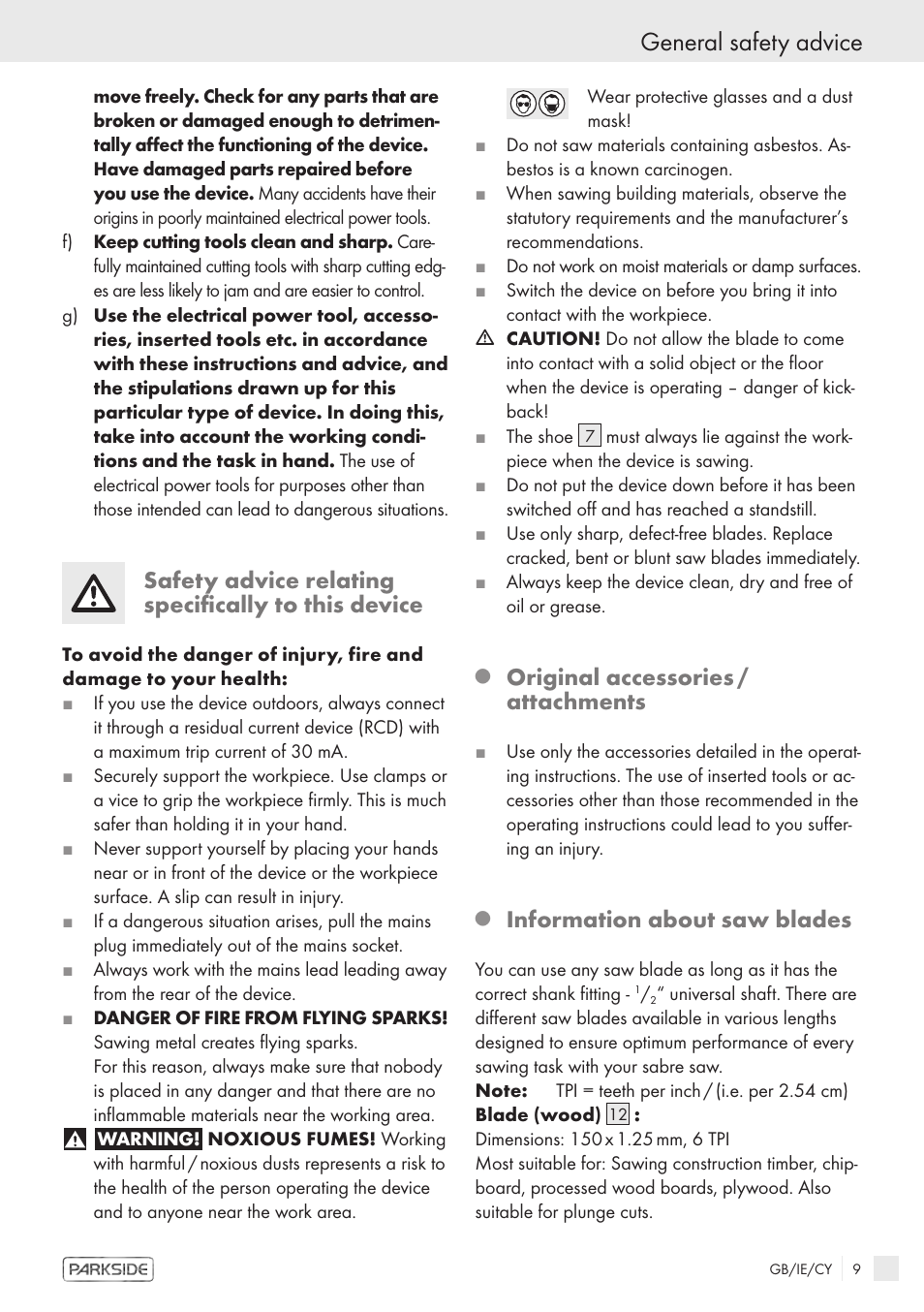 General safety advice, Safety advice relating specifically to this device, Original accessories / attachments | Information about saw blades | Kompernass PFS 710 A User Manual | Page 7 / 10