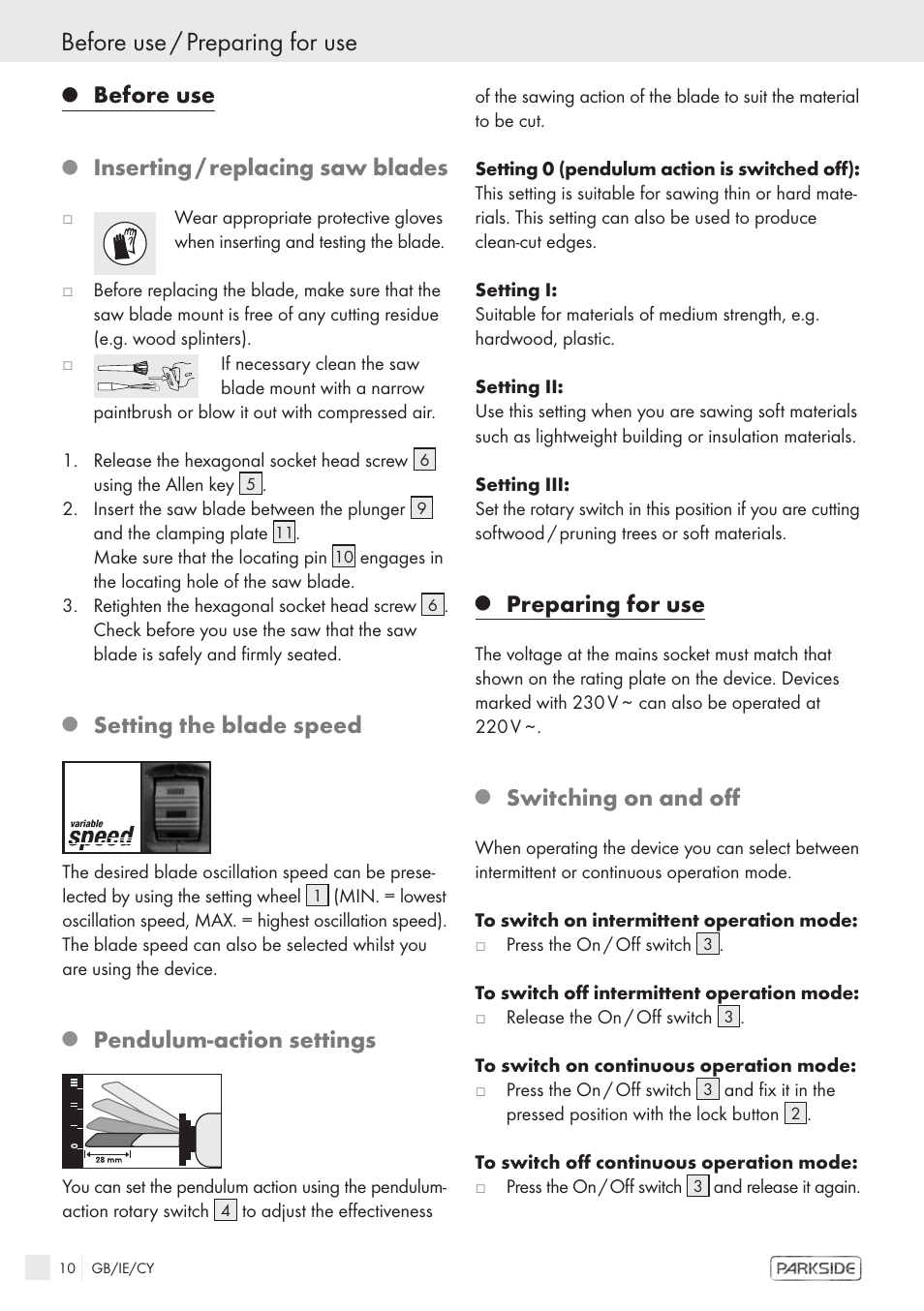 Before use / preparing for use, Before use, Inserting / replacing saw blades | Setting the blade speed, Pendulum-action settings, Preparing for use, Switching on and off | Kompernass PFS 710 A User Manual | Page 8 / 10
