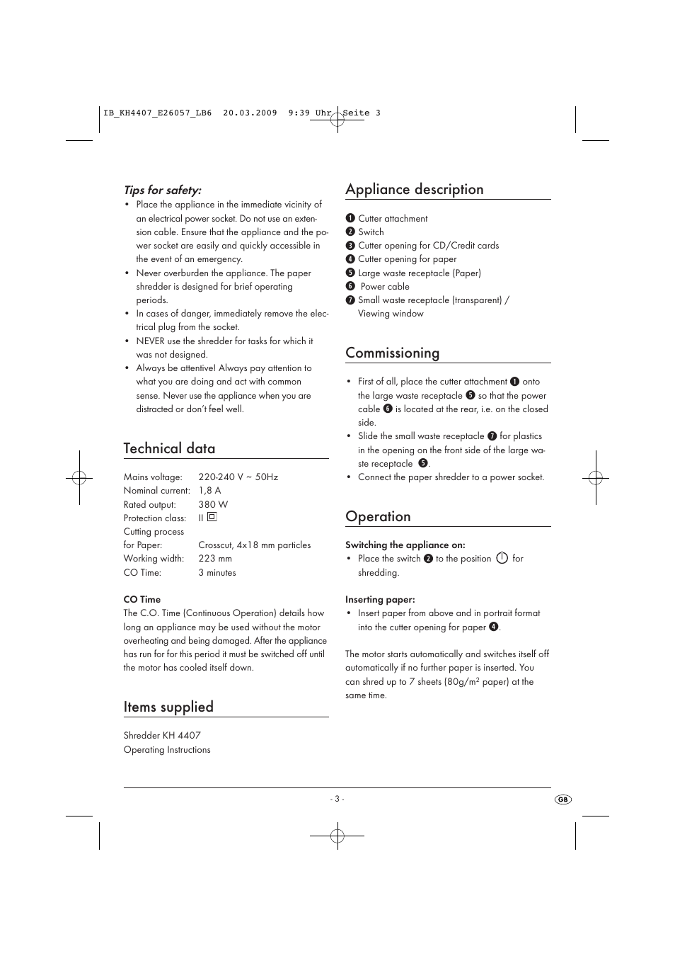 Technical data, Items supplied, Appliance description | Commissioning, Operation | Kompernass AUTOMATIC SHREDDER KH4407 User Manual | Page 5 / 8